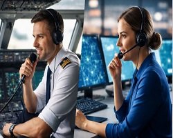 Pilot and air traffic controller communicating using standard aviation phraseology