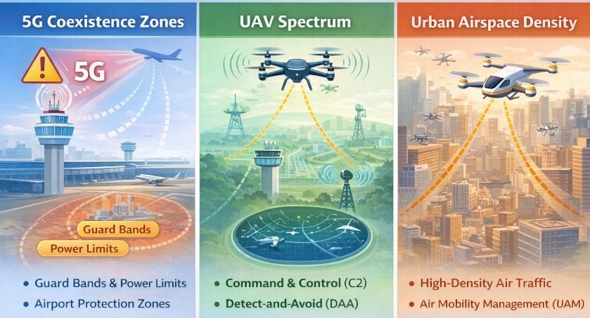 Infographic showing 5G coexistence, UAV spectrum management, and urban air mobility challenges in aviation
