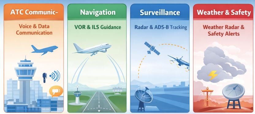 Digital illustration showing aviation communication, navigation, surveillance, and weather & safety systems