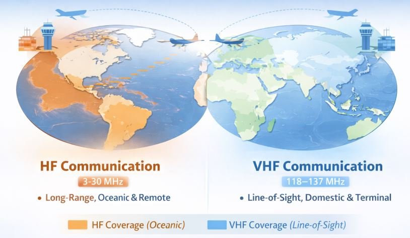 Map showing HF and VHF coverage for aviation communication across oceanic and domestic airspace