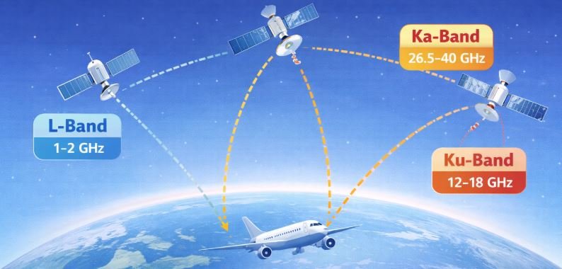 Illustration of satellite-based aviation communication and navigation using L, Ka, and Ku bands