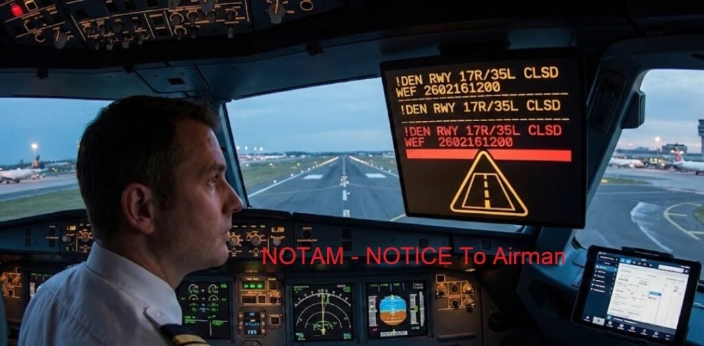 Aviation NOTAM example on a cockpit EFB display showing runway closure data during pre-flight checks.