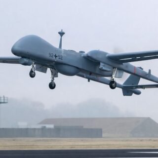 A Fixed Wing Drone taking off from runway in misty conditions