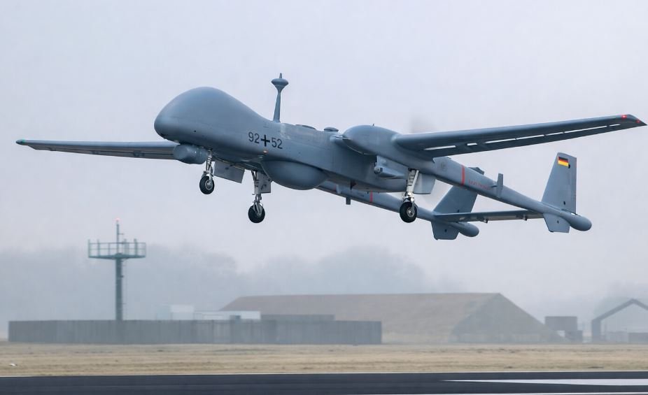 A Fixed Wing Drone taking off from runway in misty conditions