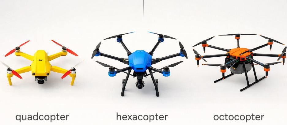 Different types of multi-rotor drones including quadcopter, hexacopter, and octocopter