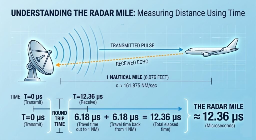 one radar mile as equivalent to approximately 12.36 microseconds, representing the round-trip travel time of a radar signal over one nautical mile.