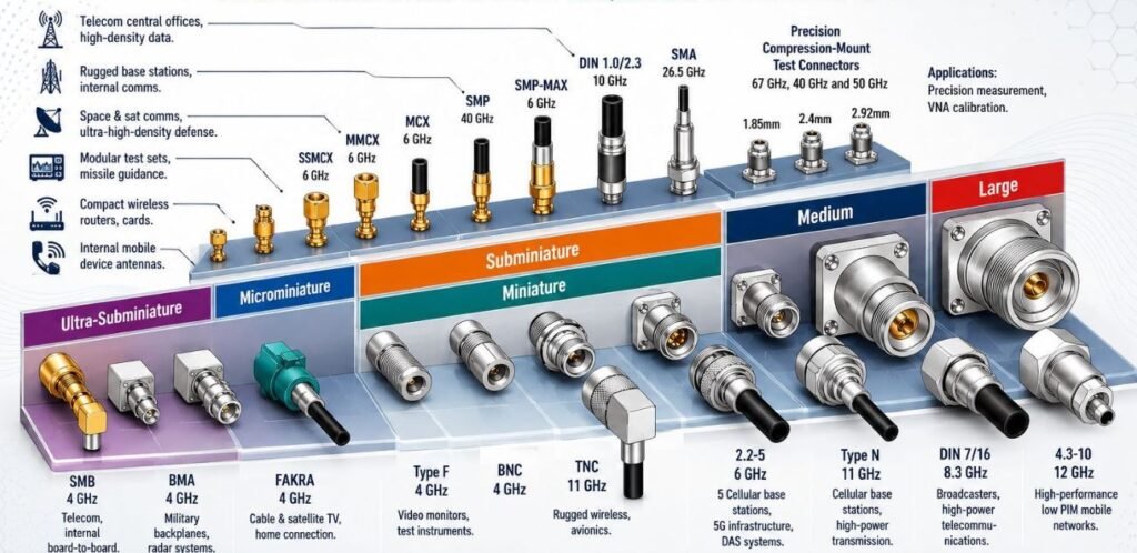 Types of rf connectors based on size includes ultra miniature, subminiature, medium and large
